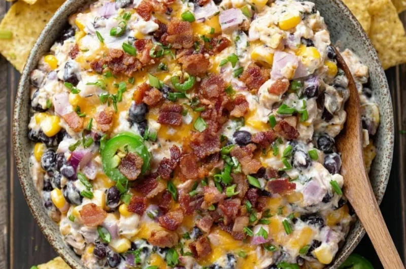 Delicious Cowboy Corn Dip served in a bowl with chips.