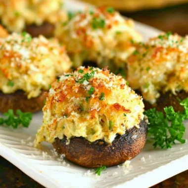 Delicious crab stuffed mushrooms topped with seasoning and garnished with parsley