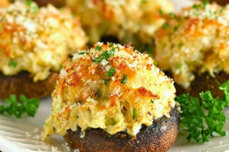 Delicious crab stuffed mushrooms topped with seasoning and garnished with parsley