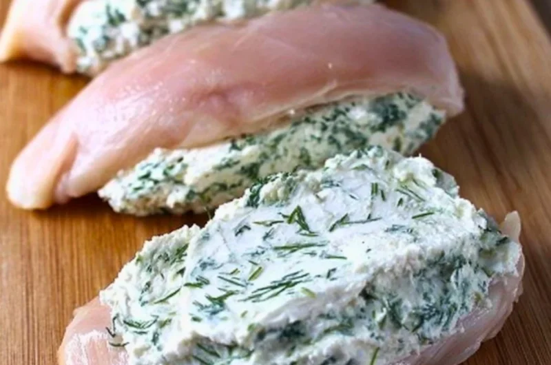 Cream cheese and herb stuffed chicken dish on a plate