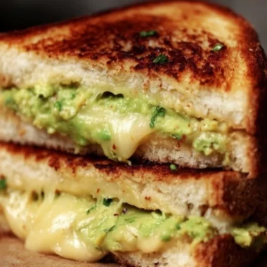 Creamy avocado grilled cheese sandwich with melted cheese and fresh avocado slices.