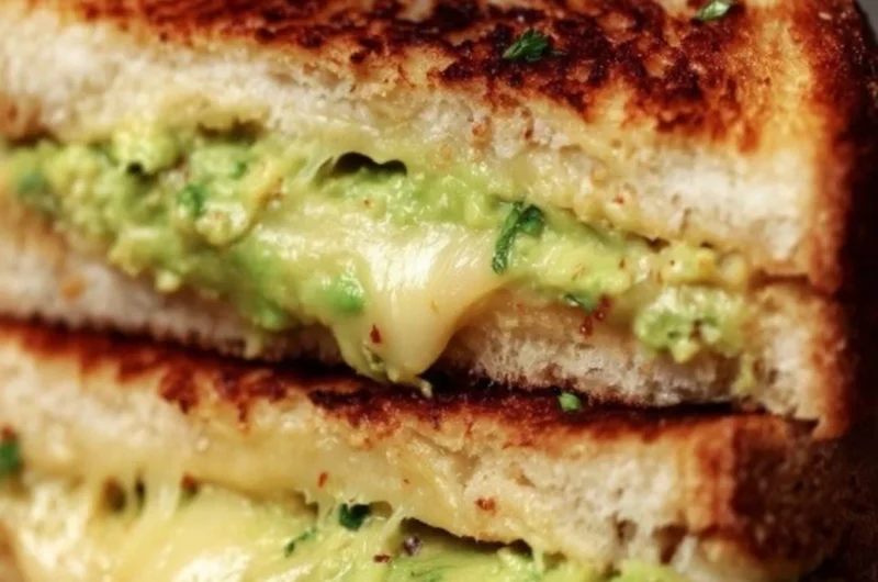 Creamy avocado grilled cheese sandwich with melted cheese and fresh avocado slices.
