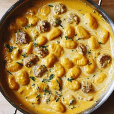 Creamy butternut squash gnocchi with sausage, thyme, and sage served in a bowl