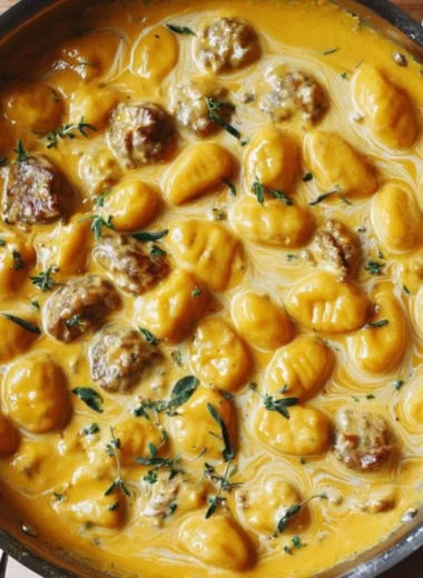 Creamy butternut squash gnocchi with sausage, thyme, and sage served in a bowl