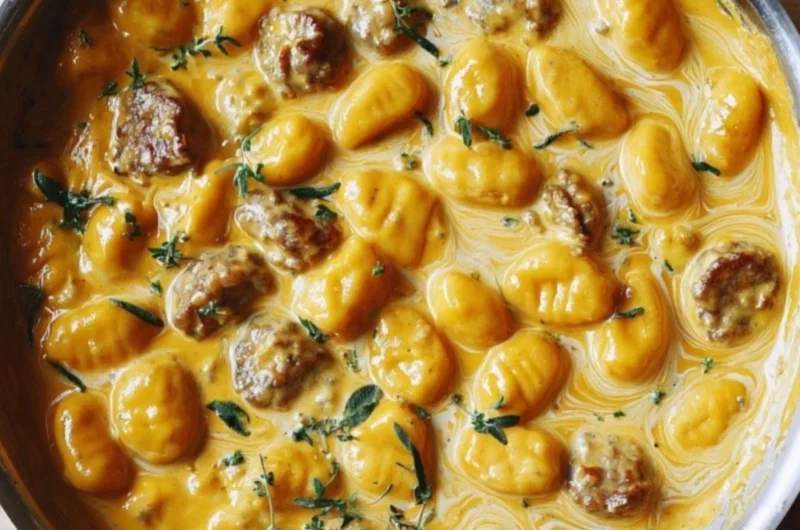 Creamy butternut squash gnocchi with sausage, thyme, and sage served in a bowl
