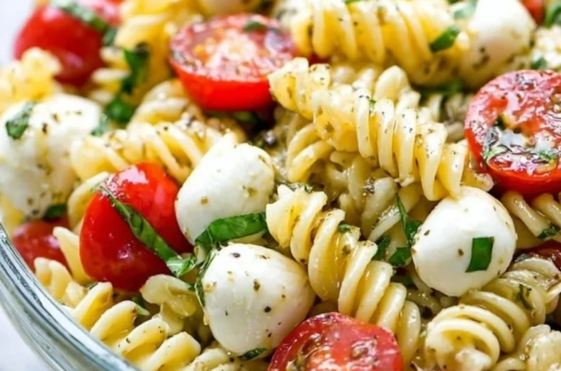 Creamy Caprese Pasta Salad featuring fresh tomatoes, mozzarella, and basil.