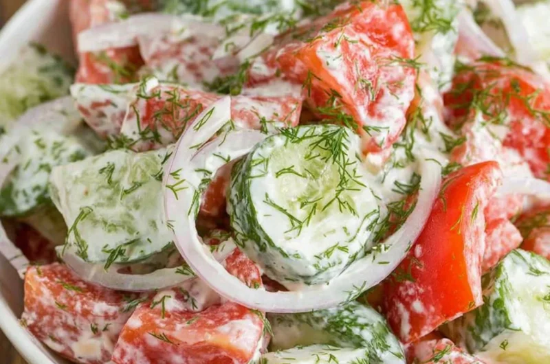 Creamy cucumber tomato salad in a bowl with vibrant colors and fresh ingredients