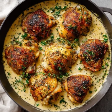 Creamy garlic chicken thighs served with herbs and a side dish