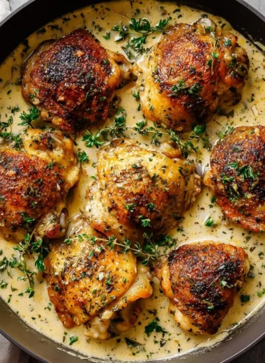Creamy garlic chicken thighs served with herbs and a side dish