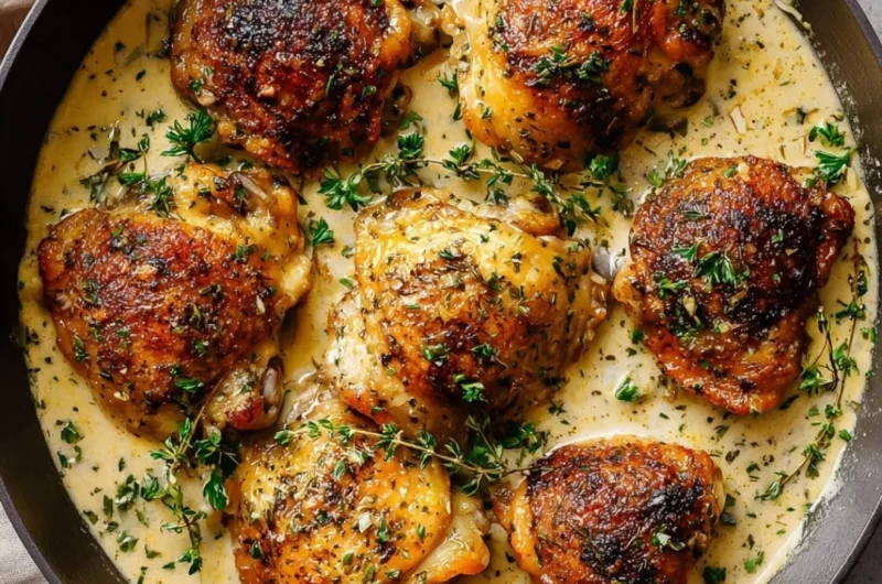 Creamy garlic chicken thighs served with herbs and a side dish