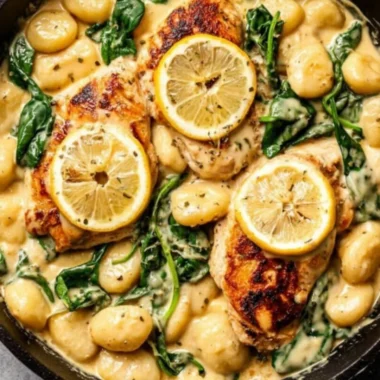 Creamy Lemon Parmesan Chicken Gnocchi served in a bowl with herbs