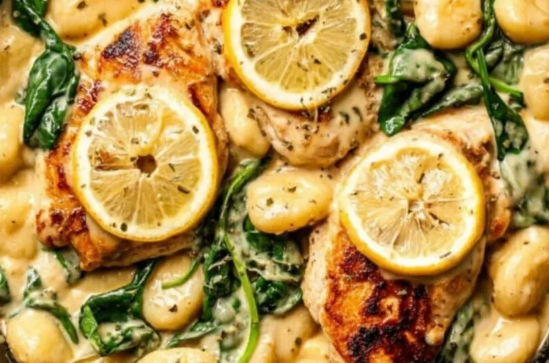 Creamy Lemon Parmesan Chicken Gnocchi served in a bowl with herbs