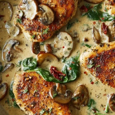 Delicious creamy mushroom chicken served on a plate with fresh herbs.