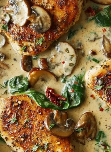 Delicious creamy mushroom chicken served on a plate with fresh herbs.
