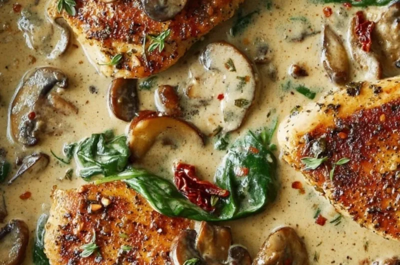 Delicious creamy mushroom chicken served on a plate with fresh herbs.