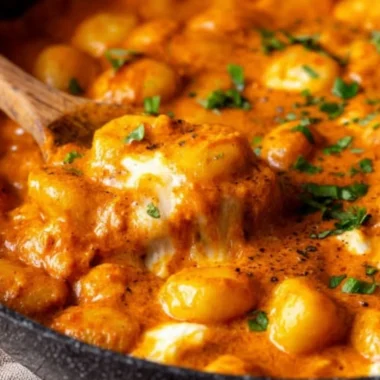 Creamy red sauce gnocchi served in a bowl, garnished with herbs and cheese