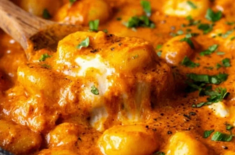 Creamy red sauce gnocchi served in a bowl, garnished with herbs and cheese