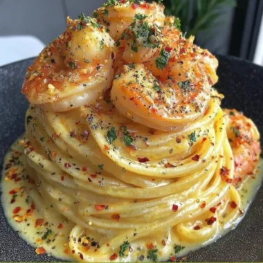 Creamy shrimp linguine dish garnished with parsley and served in a bowl.
