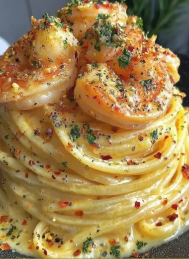 Creamy shrimp linguine dish garnished with parsley and served in a bowl.