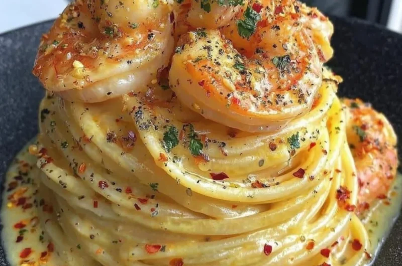 Creamy shrimp linguine dish garnished with parsley and served in a bowl.