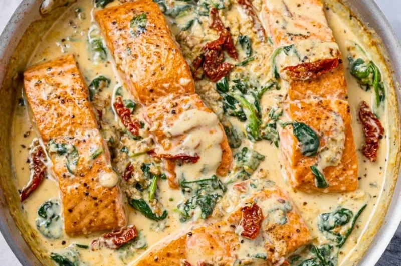 Plate of creamy Tuscan garlic salmon garnished with herbs and served with vegetables.