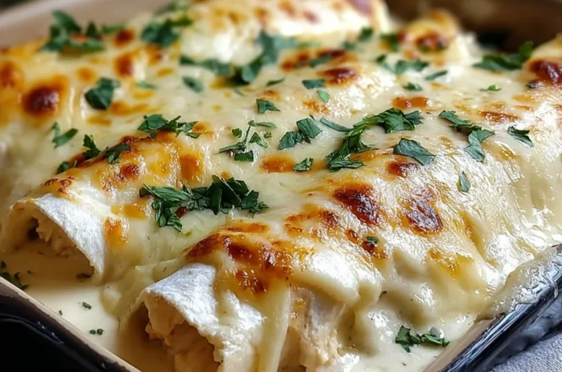 Creamy white chicken enchiladas served with toppings on a plate