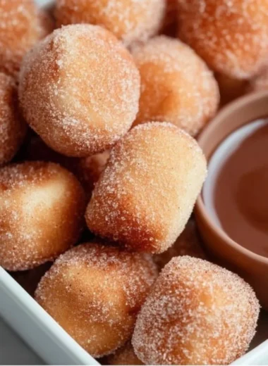 Crispy air fryer churro bites served with chocolate sauce