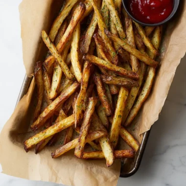 Crispy oven baked french fries served with dipping sauce