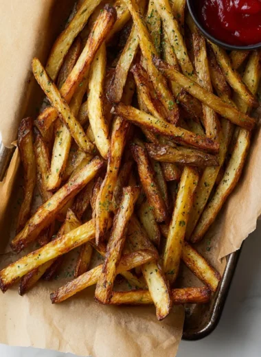 Crispy oven baked french fries served with dipping sauce
