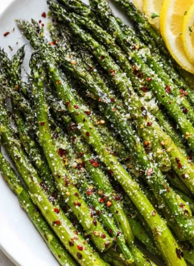 Delicious oven roasted asparagus with Parmesan cheese on a serving plate