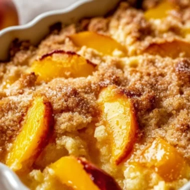 Delicious homemade easy peach cobbler baked in a dish