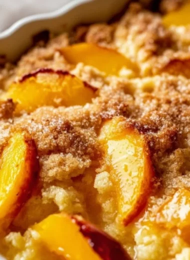 Delicious homemade easy peach cobbler baked in a dish