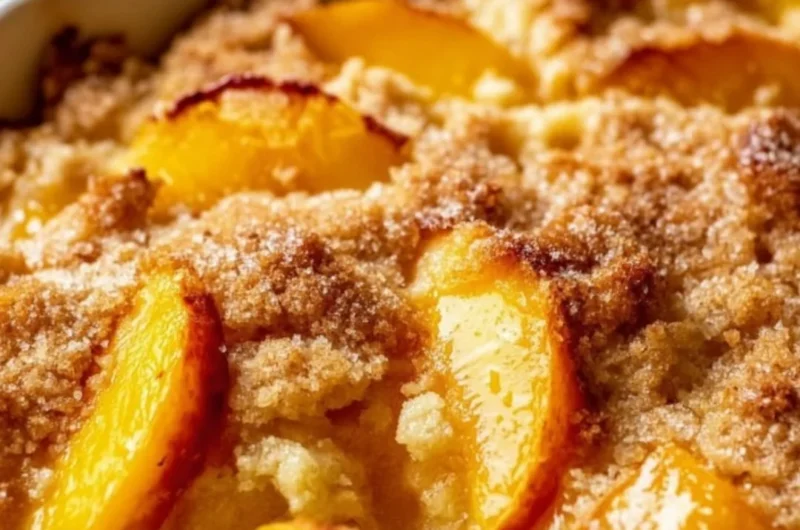 Delicious homemade easy peach cobbler baked in a dish