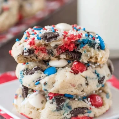 Colorful Fireworks Cookies and Cream Cookies topped with festive sprinkles.
