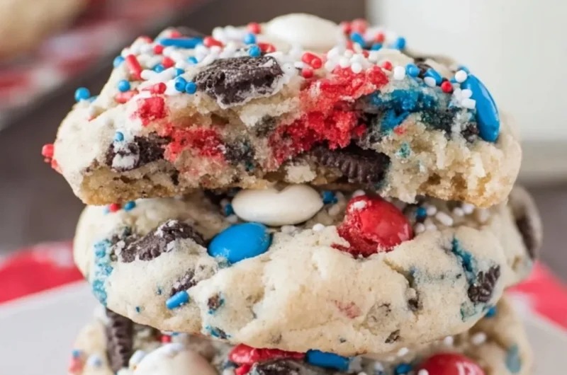 Colorful Fireworks Cookies and Cream Cookies topped with festive sprinkles.
