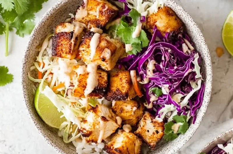 Colorful fish taco bowls filled with fresh ingredients and toppings