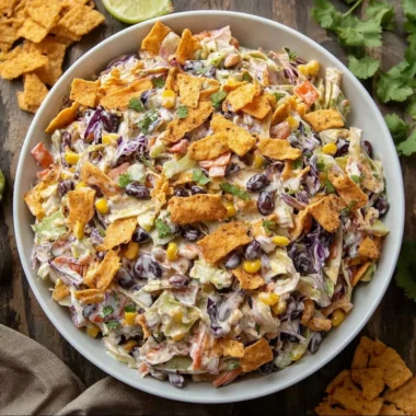 Delicious serving of Frito Cowboy Cabbage topped with crunchy Fritos