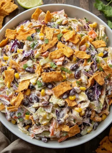 Delicious serving of Frito Cowboy Cabbage topped with crunchy Fritos