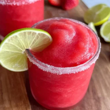 Chilled frozen strawberry margarita served in a glass with fresh strawberries.