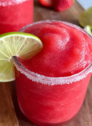 Chilled frozen strawberry margarita served in a glass with fresh strawberries.