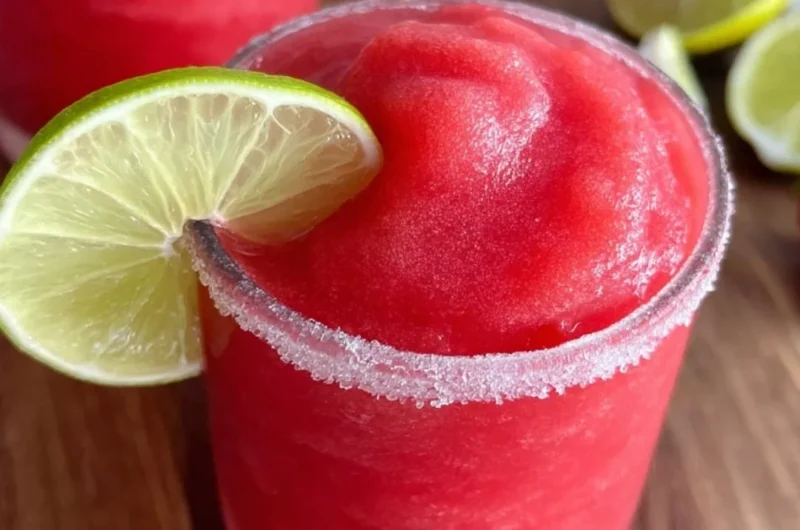 Chilled frozen strawberry margarita served in a glass with fresh strawberries.