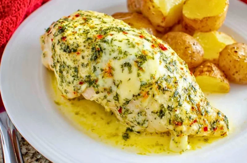 Delicious Garlic Butter Chicken served on a plate with herbs and spices