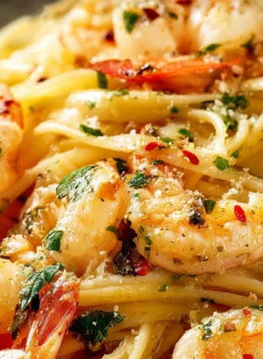 Delicious Garlic Butter Shrimp Scampi served over pasta