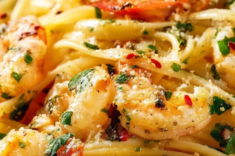 Delicious Garlic Butter Shrimp Scampi served over pasta