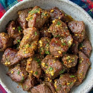 Delicious garlic butter steak bites served on a plate