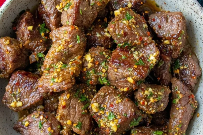 Delicious garlic butter steak bites served on a plate