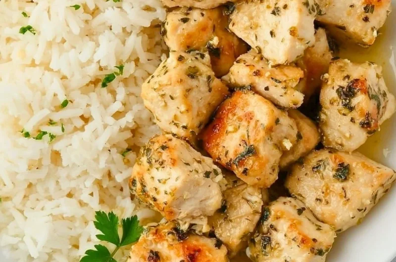 Plate of crispy Garlic Chicken Bites garnished with herbs