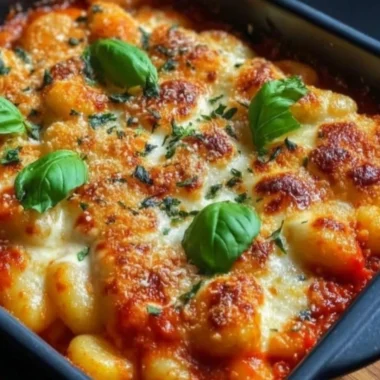 Delicious Gnocchi and Tomato Bake topped with cheese and herbs