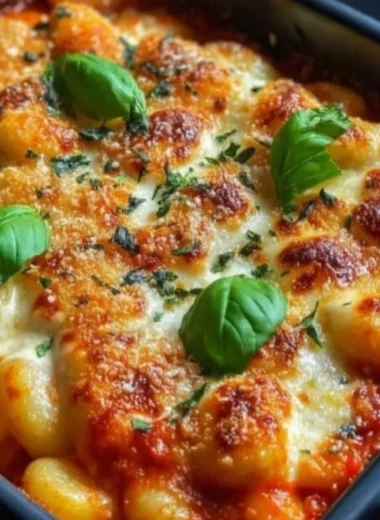 Delicious Gnocchi and Tomato Bake topped with cheese and herbs