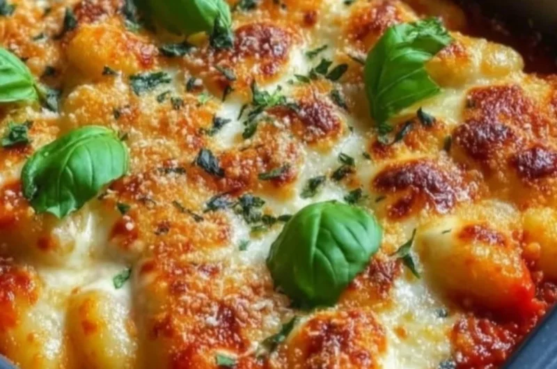 Delicious Gnocchi and Tomato Bake topped with cheese and herbs